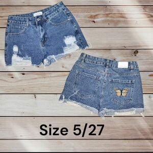 Women's Distressed Denim Shorts with Butterfly Patch